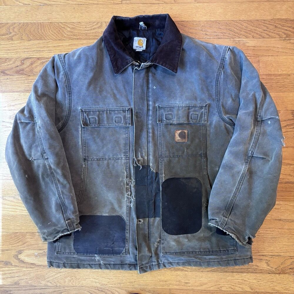 VTG Y2K Carhartt C26 Jacket Thrashed Distressed Ripped Patches Sun Faded Green L